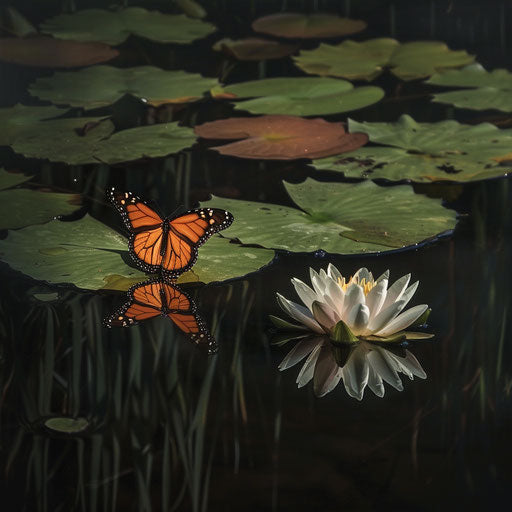Reflection of a monarch butterfly on a water lily's leaf
