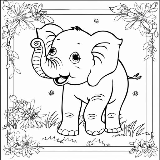 A happy elephant with raised trunk. Coloring book page