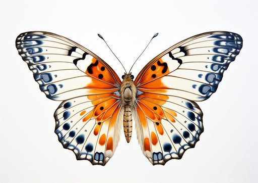 Orange and white butterfly on white background, architectural style