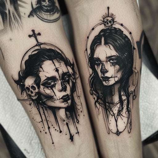 Sibling tattoos in the style of Gerald Brom with dark, gothic symbols