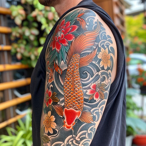 Japanese koi fish arm tattoo in the style of Ami James
