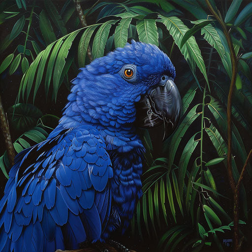 Striking contrast: Spix's macaw's blue plumage against deep rainforest greens
