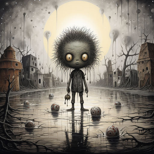 The dream's saddest day, in the style of Jeff Soto, raw and emotional, humanistic empathy, gothic, humanity's struggle, childlike