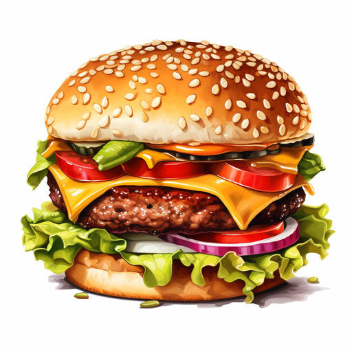 Cheeseburger clipart in the style of Chiaroscuro Art, on a white background