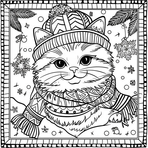 Festive cat in a winter scene in Jan Brett style