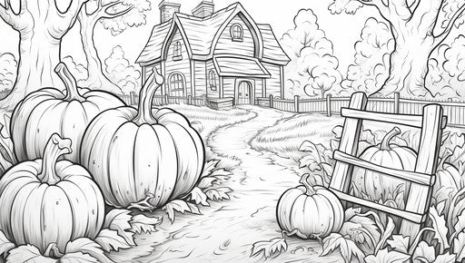 Halloween coloring with pumpkins and jack o'lanterns, lush landscape style