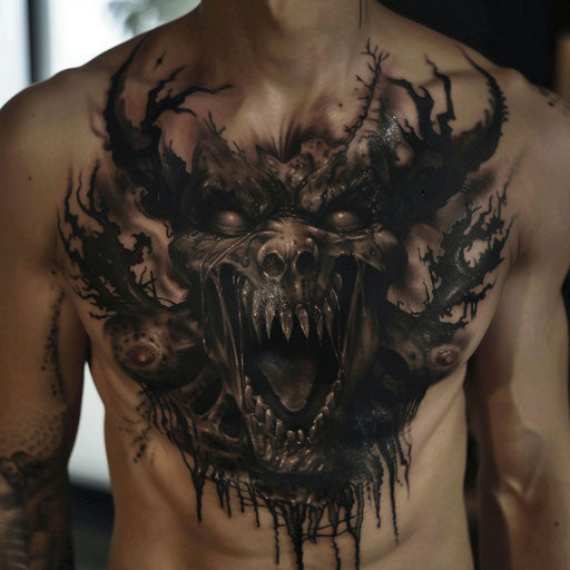 Men's chest tattoo with eerie demonic faces
