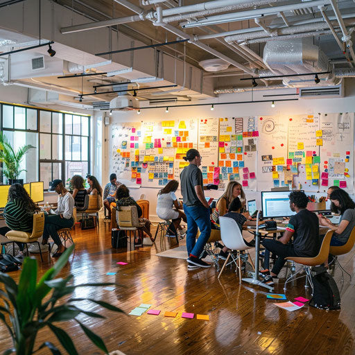 Vibrant startup workspace with whiteboards filled with ideas and colorful post-it notes