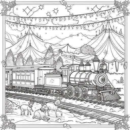 Vintage circus train with colorful wagons and animals