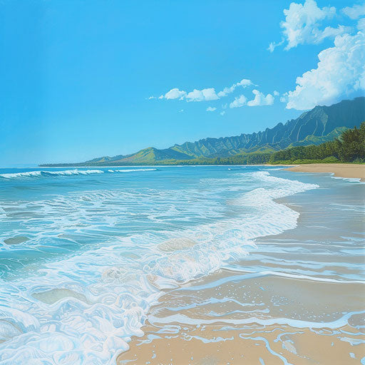 Hanalei Bay Beach, Kauai with gentle waves under a clear blue sky