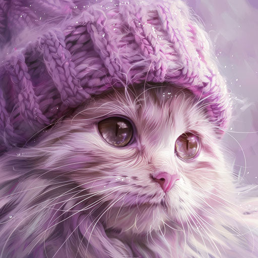 Pink cat in a white knitted hat 4k wallpaper