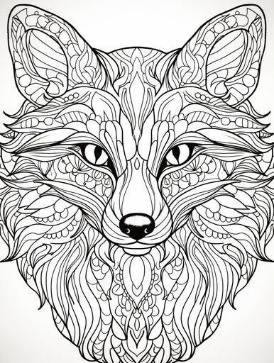 Adult coloring page fox with a lot of details in the background, striking symmetrical patterns 3:4