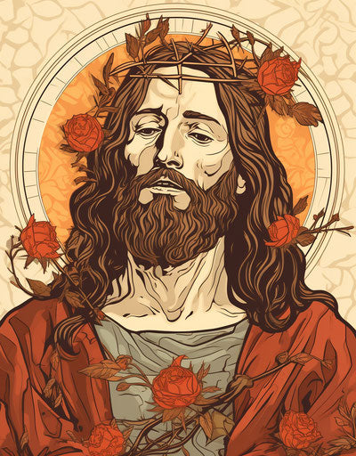 Jesus with thorns in his beard, linear illustration renaissance