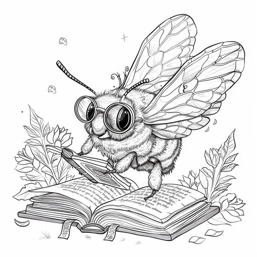 Whimsical bee with glasses and book. Coloring book page