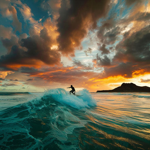 Lanikai Beach, Hawaii with a surfer under a dramatic sky