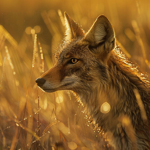 Coyote hunting in wet morning grass