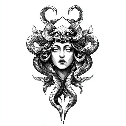 Beautiful flat tattoo sketch of medusa hand tattoo in Japanese style