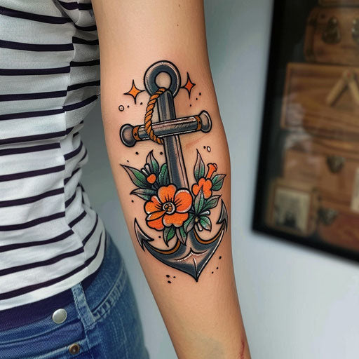 Forearm tattoos women Sailor Jerry style nautical anchor
