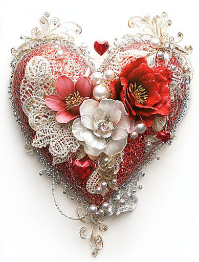 Valentine's Day heart with lace, beads, and flowers