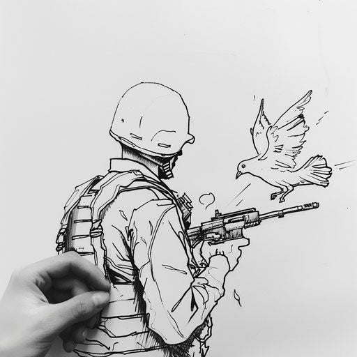 Soldier and peace dove in black on white