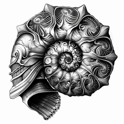 Bold tattoo sketch of a nautilus shell with intricate spiral patterns, in black and white, clipart style