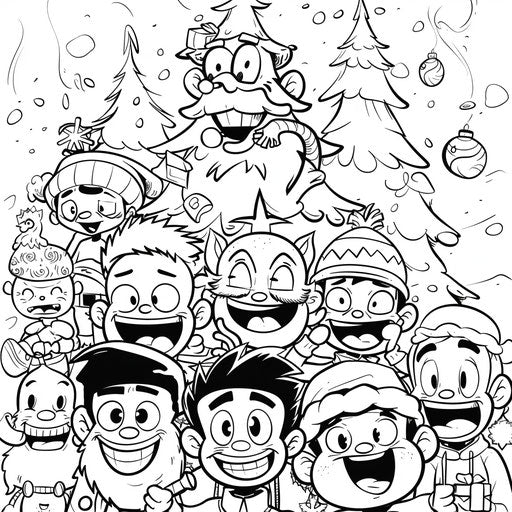 Cartoon Christmas with fun characters in the style of Butch Hartman Coloring book page