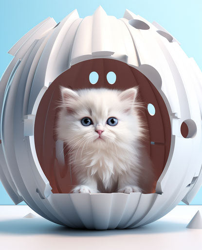 A kitten sitting in an empty cat house, light silver and light blue style, bold yet graceful, light white and light crimson, cut/ripped, princecore, rounded, toyen 25:31