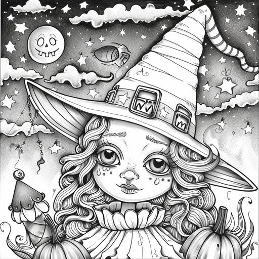 Whimsical candy corn character dressed as a witch for Halloween. Coloring book page