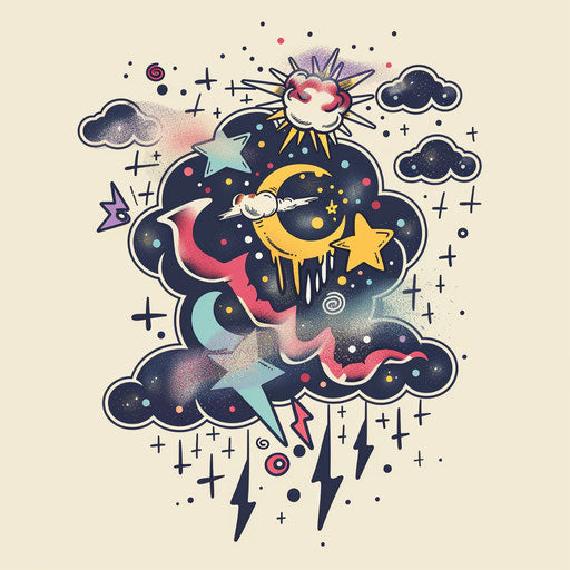 Whimsical flat tattoo sketch of a storm with playful elements