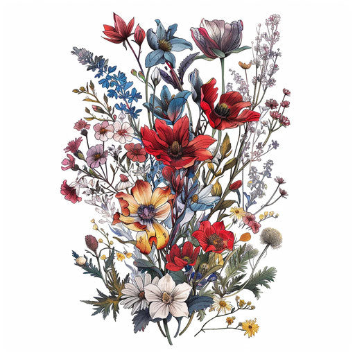 Wildflower tattoos woven in a tapestry design