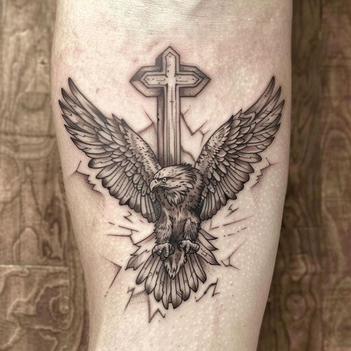 Eagle strength tattoo, detailed flying eagle and cross, blank canvas