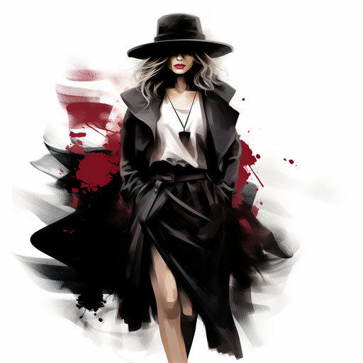 Fashion illustration in the style of Chiaroscuro Art, on white background