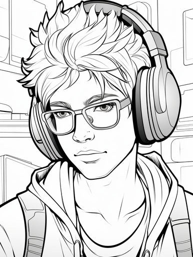 Boy with glasses wearing headphones coloring page