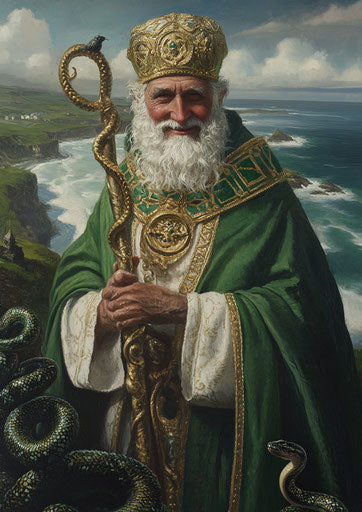 Smiling saint Patrick on the coast of Ireland