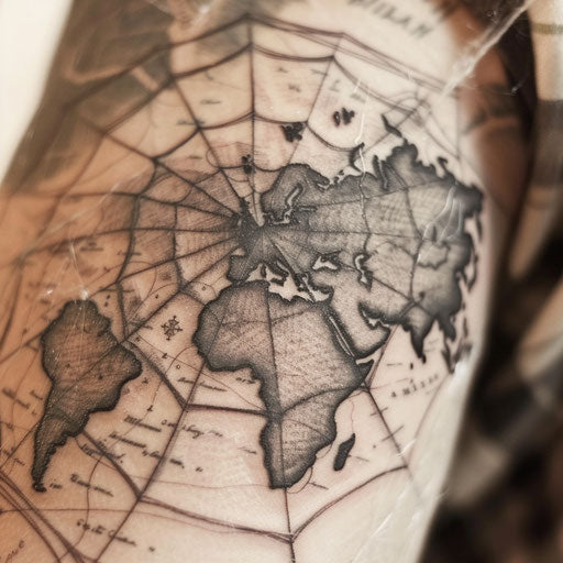 Spider web tattoo on old map background with geography elements.