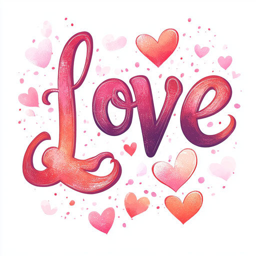 Love in cursive in pink and red gradient with hearts around the text, on white background.