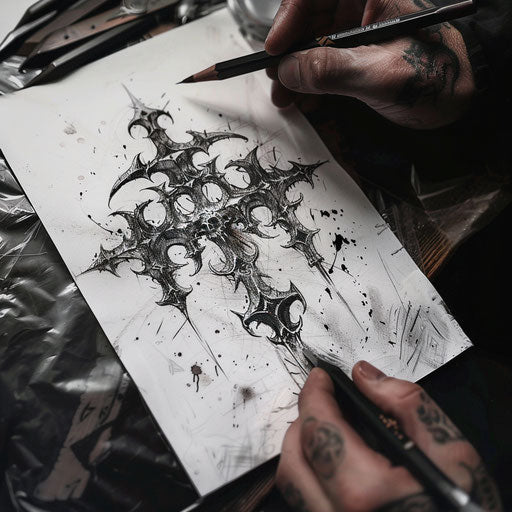 Fantasy cross tattoo with medieval elements for men