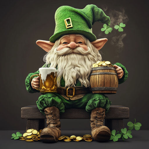 St Patrick's Day Gnome with Green Hat and Gold Cube, Sitting on Bench, Drinking Beer