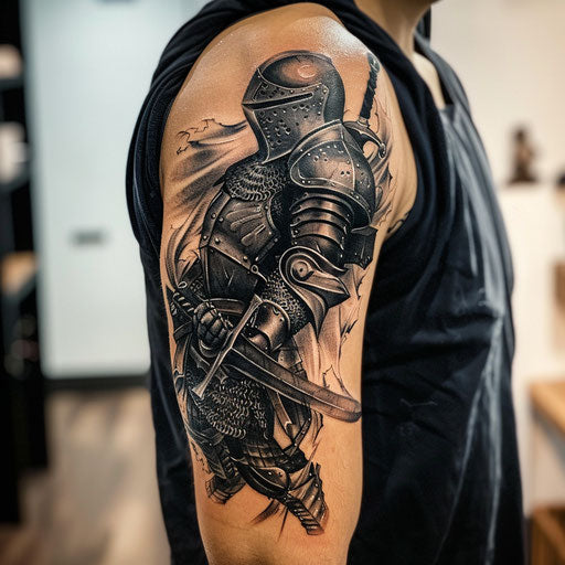 Bicep tattoo of a knight in armor, Adrian Smith style