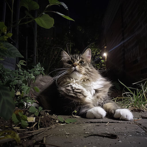 overweight cat lying outside at night