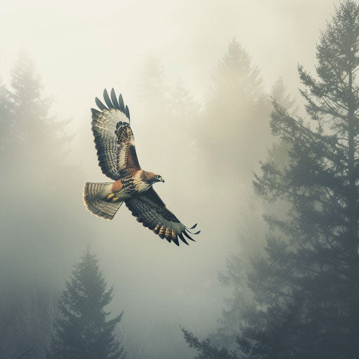 Crimson falcon gliding in misty woods