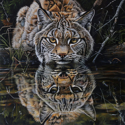Lynx reflection in a calm pond, highlighting elegance and symmetry