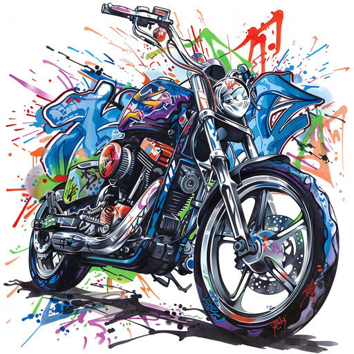 Street art style motorcycle tattoo design with graffiti elements and bright tags on white background