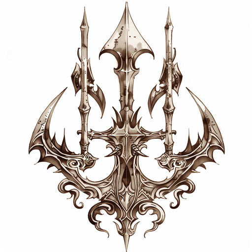 Vintage ornate trident tattoo with sepia tones on white
