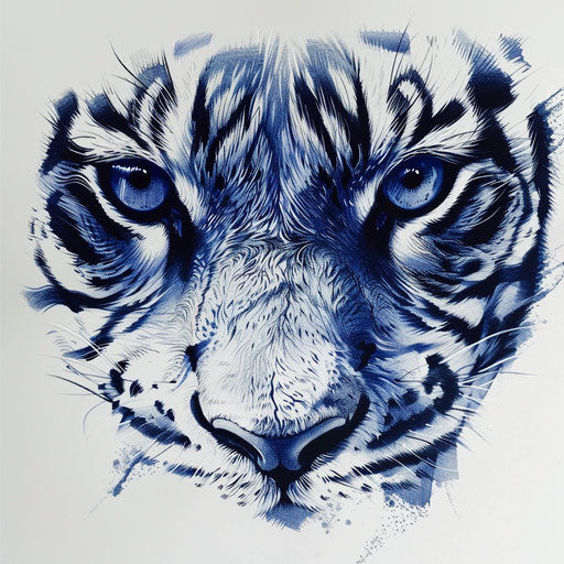 Elegant tattoo sketch in flat style featuring close-up of tiger eyes with deep blue hues