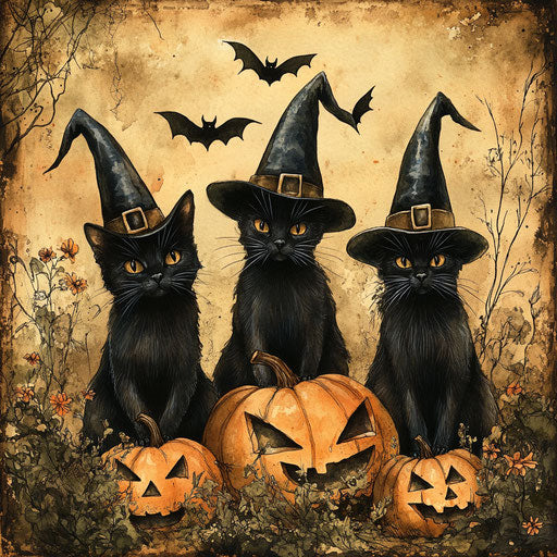 Three black cats in witches' hats, pumpkins and bats