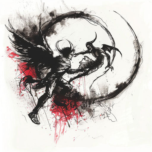 Dynamic sketch of an angel pulling a devil from the shadows, high contrast