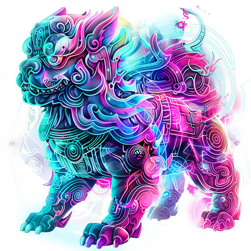 Futuristic neon foo dog tattoo with digital elements