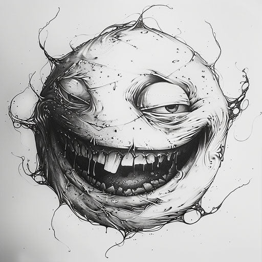 Surrealist smiley face tattoo artwork, dream-like, white