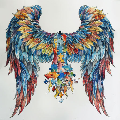 Guardian angel with puzzle wings, soft watercolor on white